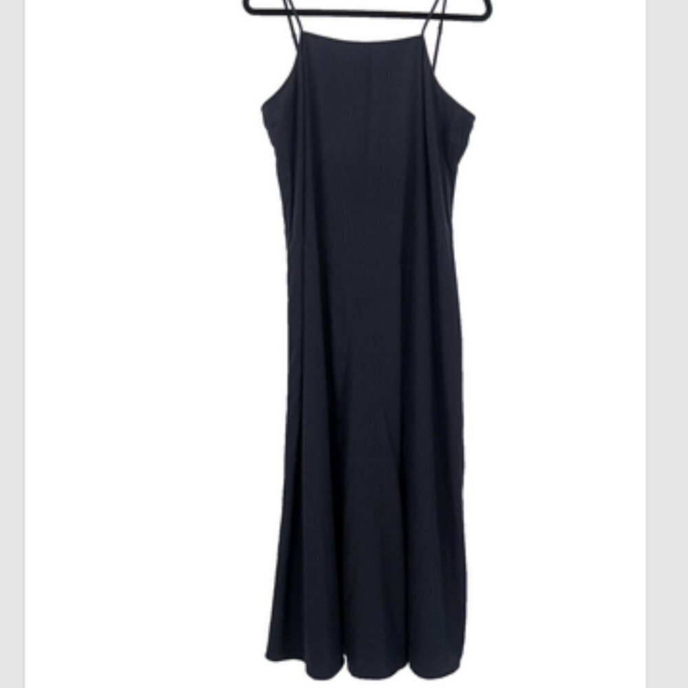 LEITH Navy Blue Slip Dress Slinky Strappy Back L Women Flowy Midi Lightweight